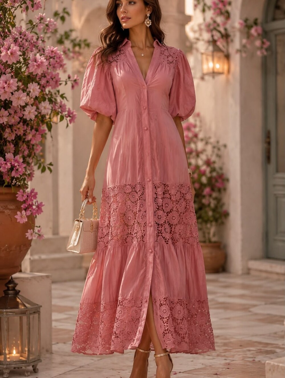 X 3 Made In Italy 80% Silk Women's Pink Lace Maxi Dress with Puff Sleeves